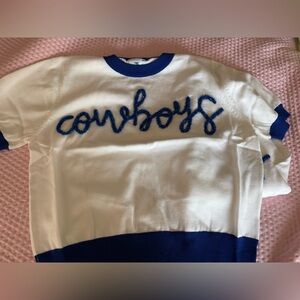 QUEEN OF SPARKLES Blue and White COWBOYS Crew Neck Sweater
